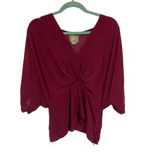Anthro Maeve‎ Draped V-Neck Ruched Silk Magenta Blouse Size 8